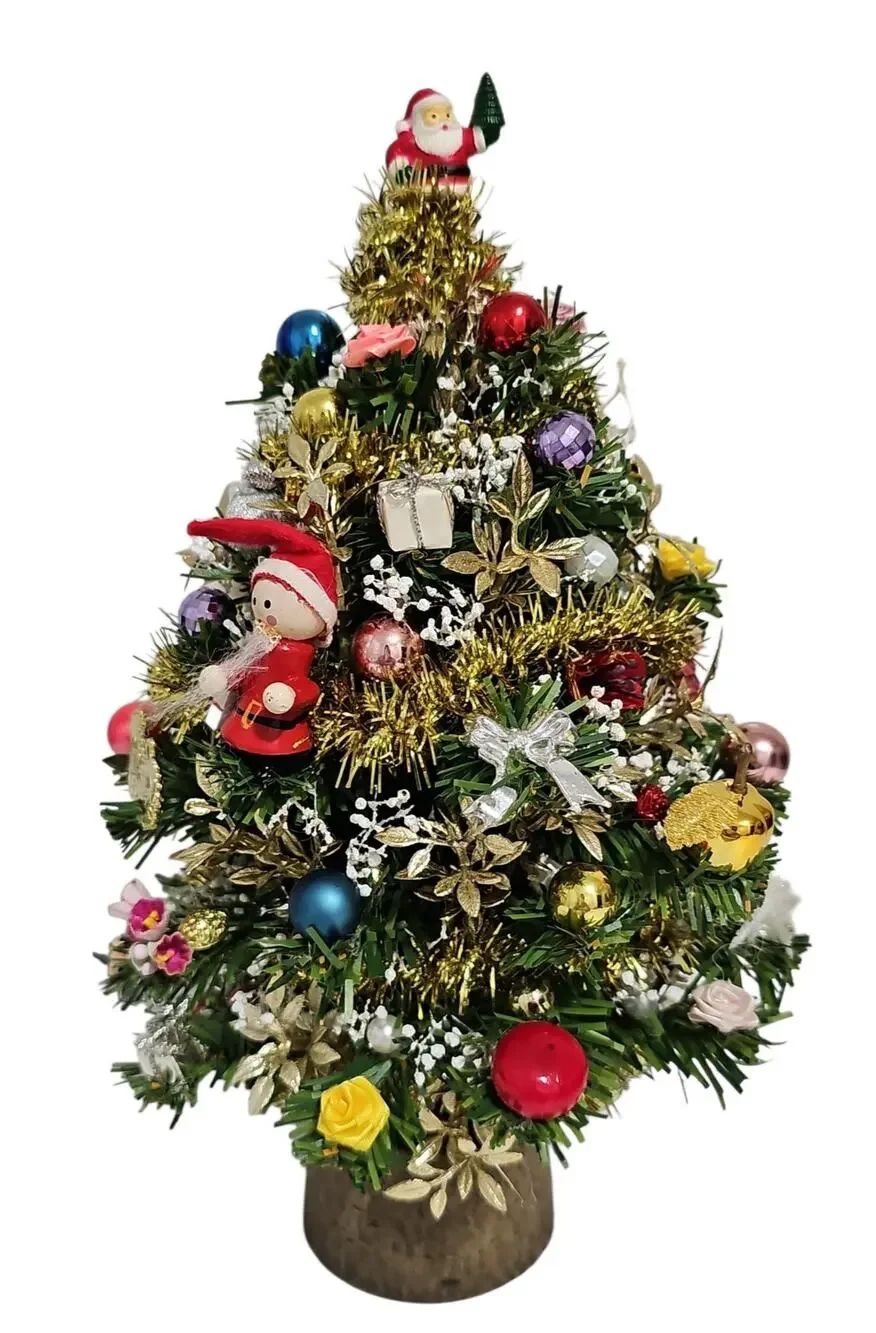 Decorated Tabletop Artificial Christmas Tree Santa Topper Retro Holiday Decor